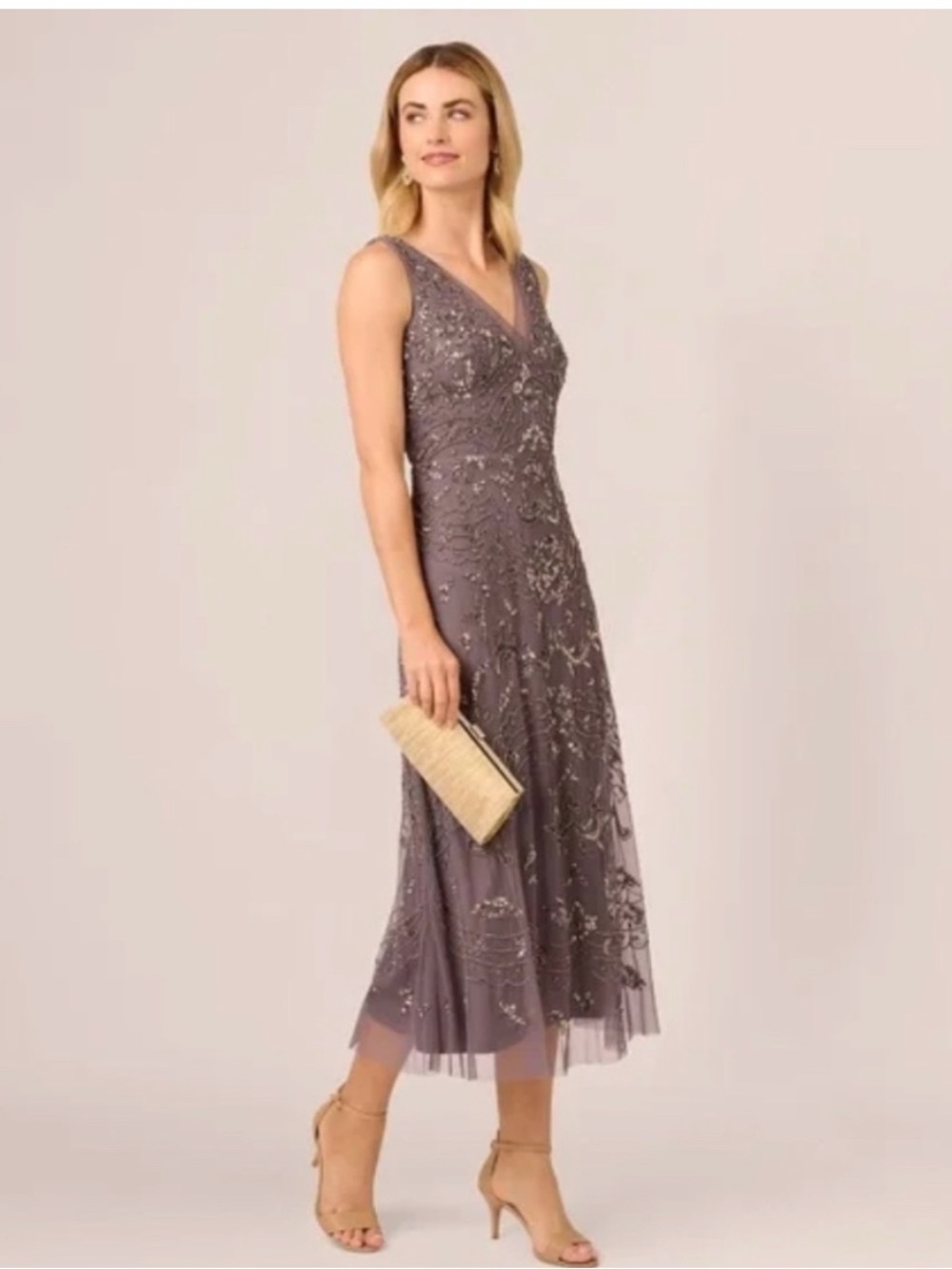 Adrianna Papell Moonscape Beaded Midi Dress NWT SZ 14 Cocktail Wedding Guest MOB - Picture 2 of 11